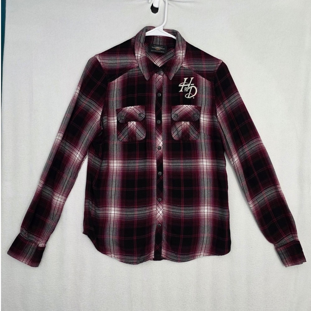 Harley Davidson Plaid Flannel Shirt M Red Black Rayon Biker Graphic Button Up